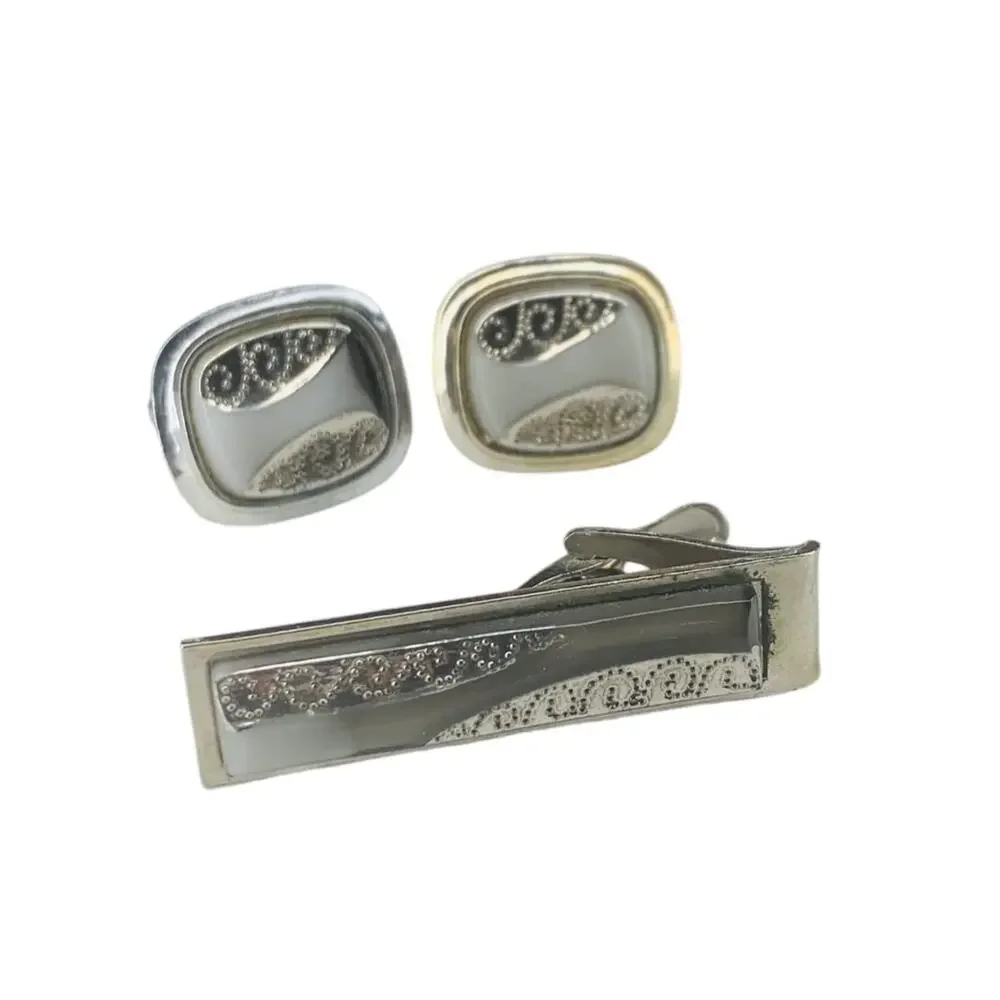 Mens Tie Clip and Pair Cufflinks Set Vintage 1960s Silvertone Gray Stone